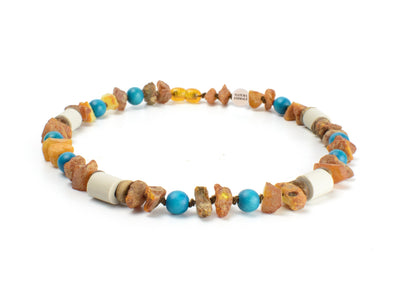 Bernsteinkette für Hunde gegen Zecken mit EM Keramik und Holzperlen Azur