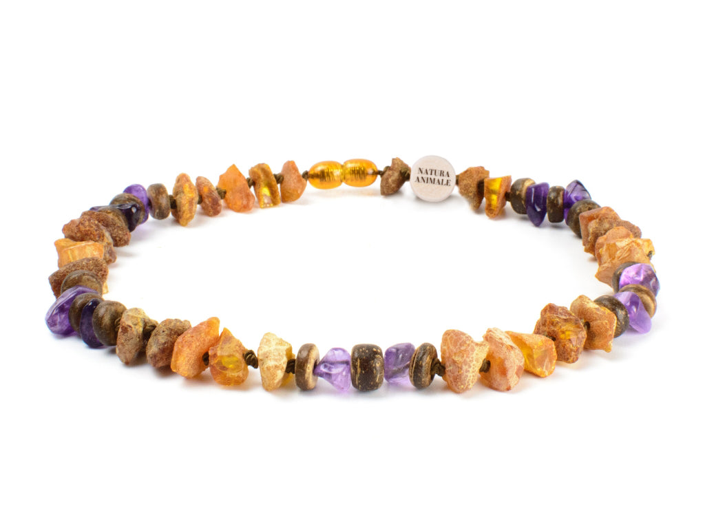 Bernsteinkette für Hunde gegen Zecken mit Edelstein Amethyst