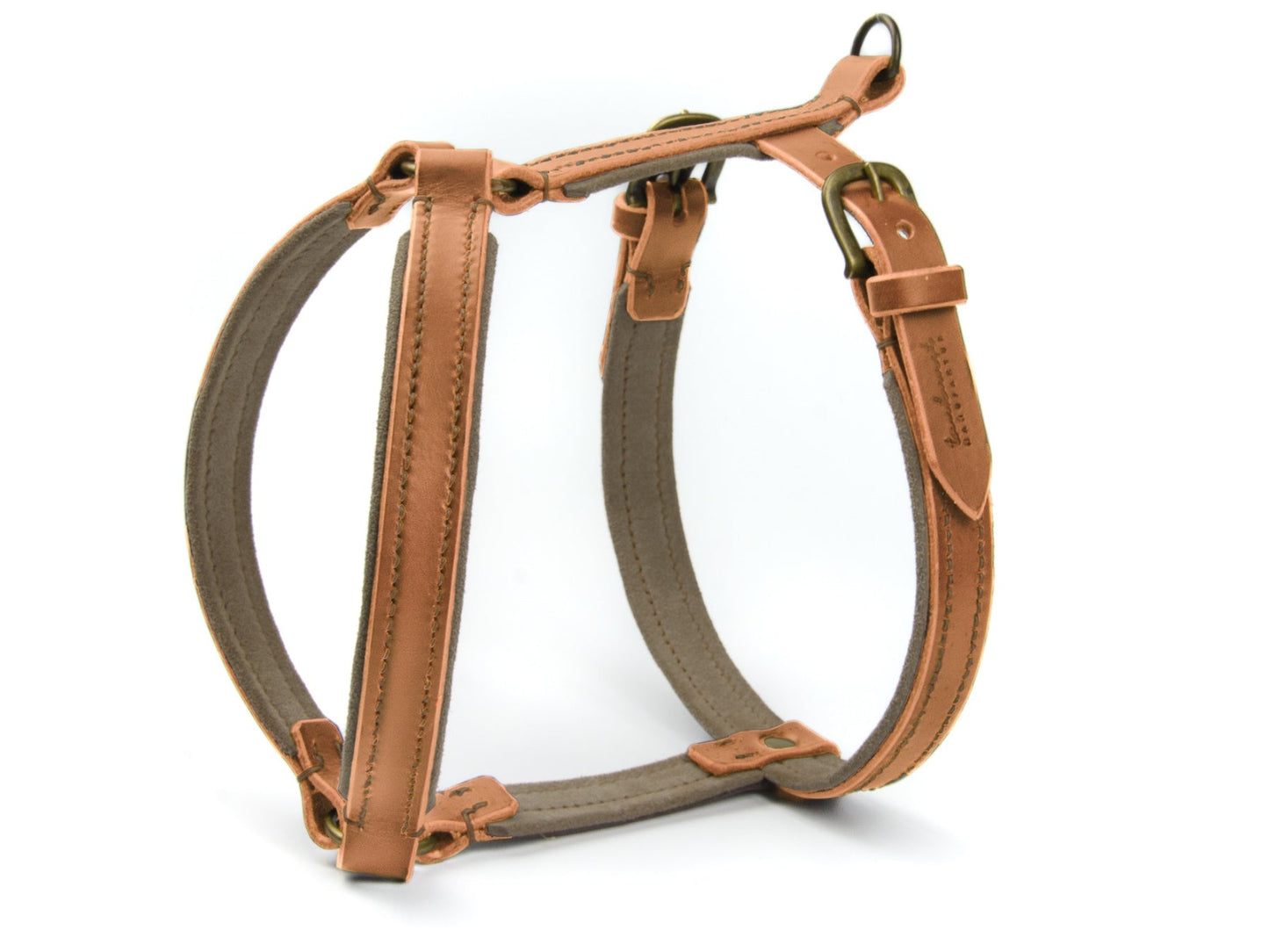 Gepolstertes Ledergeschirr Fiona für Hunde in Cognac mit Sattlernaht Wildleder Beige Vintage