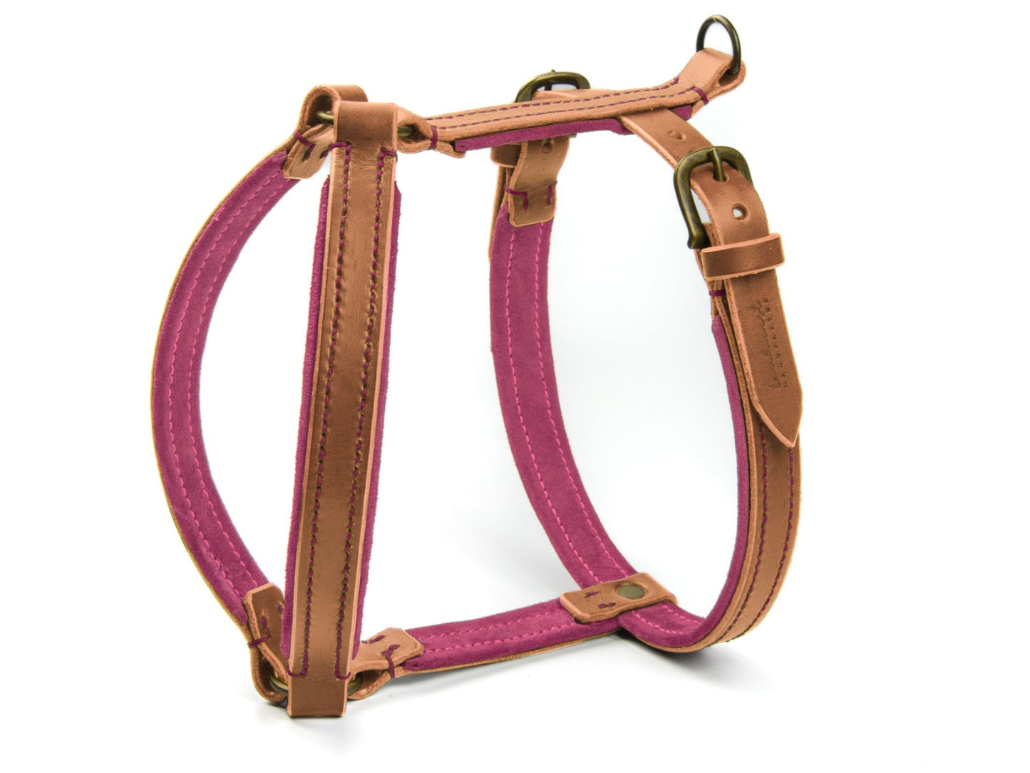 Gepolstertes Ledergeschirr Fiona für Hunde in Cognac mit Sattlernaht Wildleder Pink Vintage