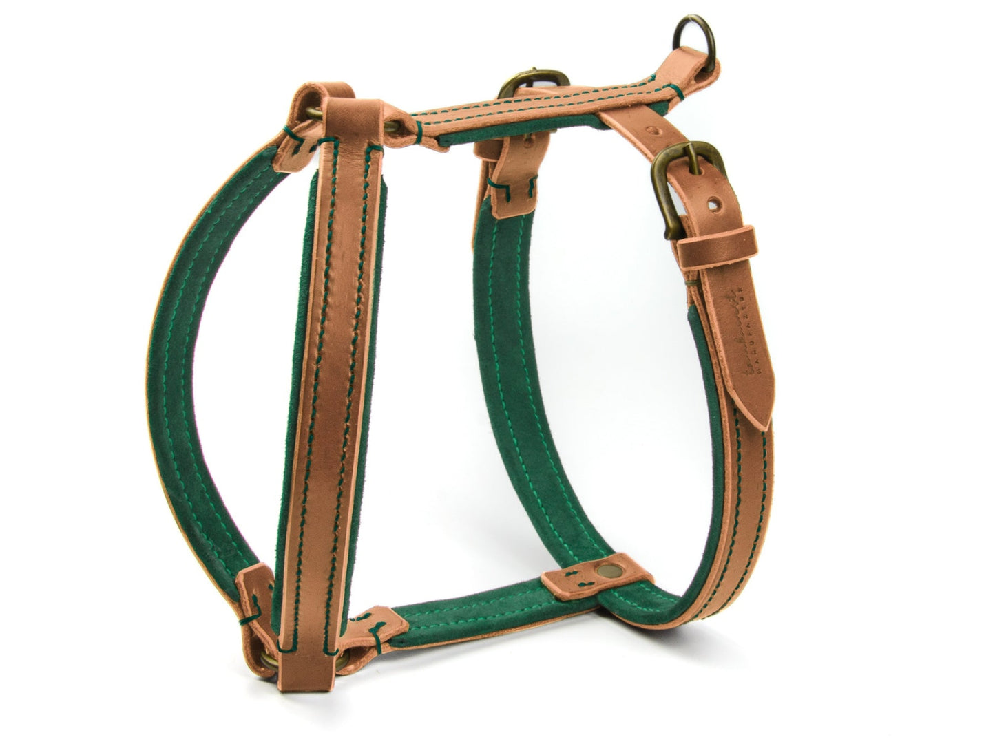Gepolstertes Ledergeschirr Fiona für Hunde in Cognac mit Sattlernaht Wildleder Waldgrün Vintage
