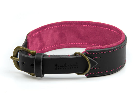Breites Lederhalsband Carla für Hunde in Schwarz mit Sattlernaht Pink Vintage