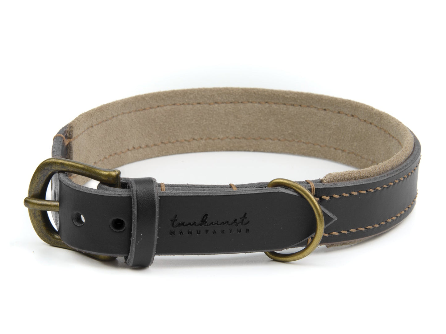 Lederhalsband Carla für Hunde in Schwarz mit Sattlernaht Beige Vintage