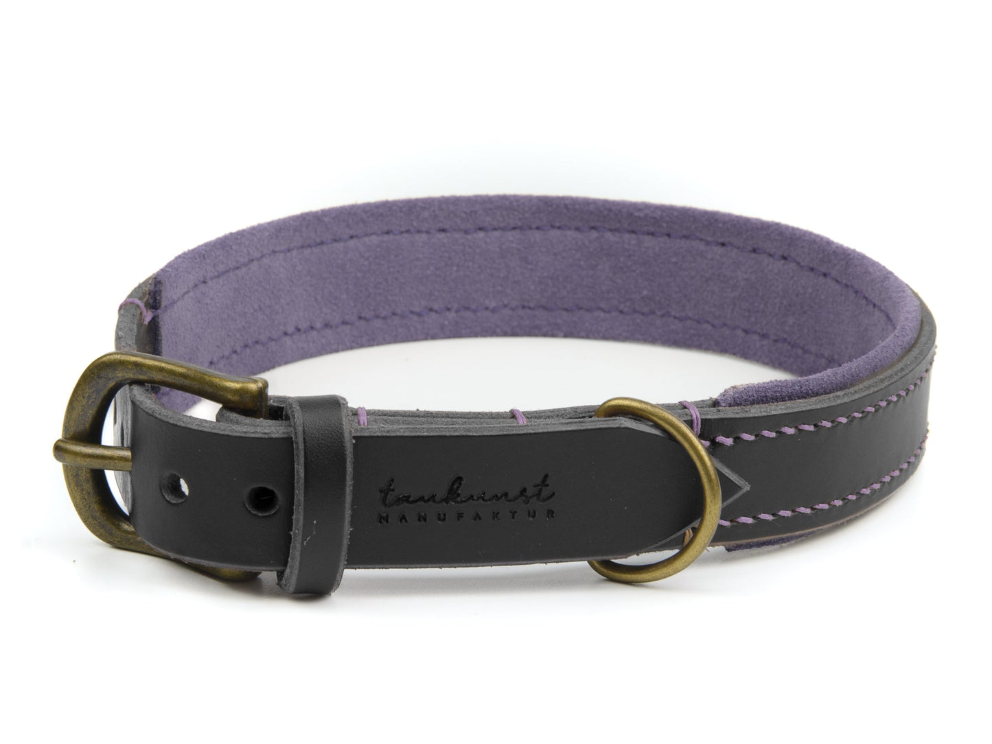 Lederhalsband Carla für Hunde in Schwarz mit Sattlernaht Lavendel Vintage