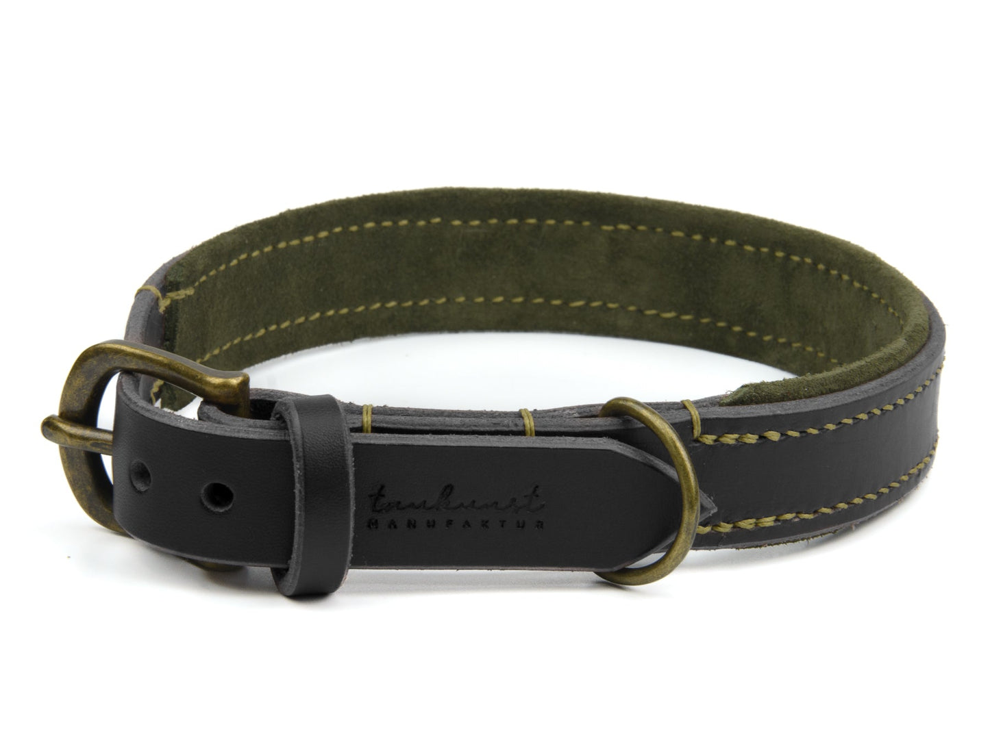 Lederhalsband Carla für Hunde in Schwarz mit Sattlernaht Oliv Vintage