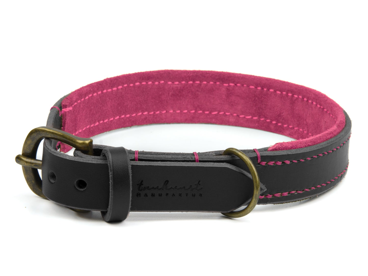 Lederhalsband Carla für Hunde in Schwarz mit Sattlernaht Pink Vintage
