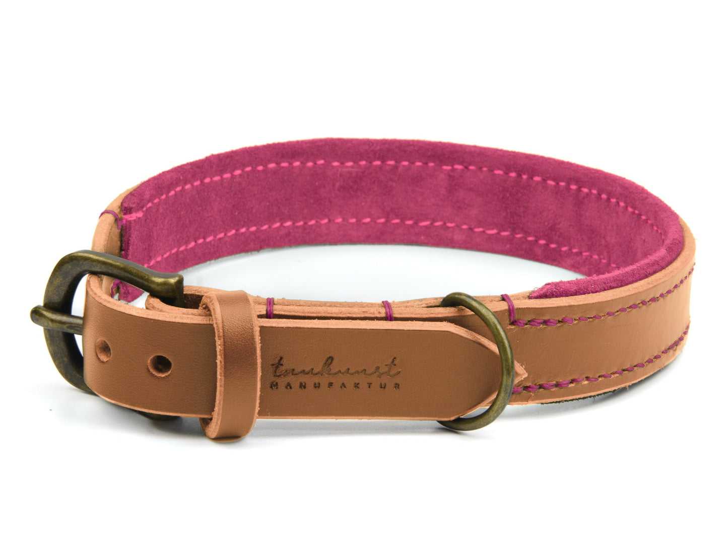 Lederhalsband Fiona für Hunde in Cognac mit Sattlernaht Pink Vintage