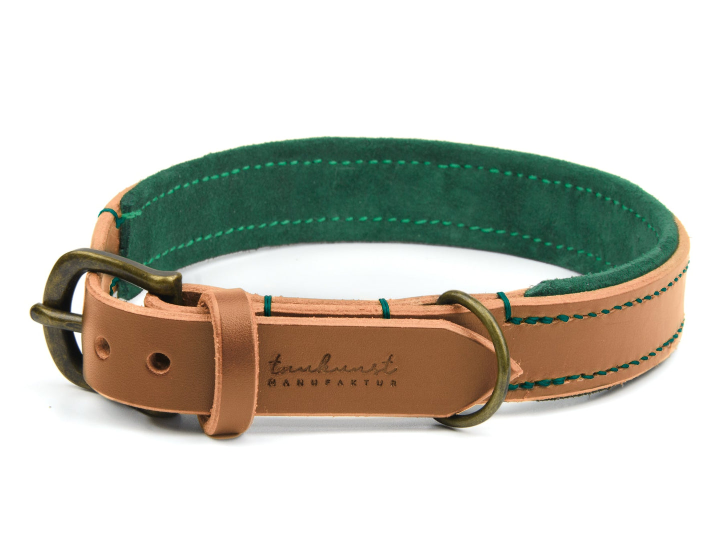 Lederhalsband Fiona für Hunde in Cognac mit Sattlernaht Waldgrün Vintage