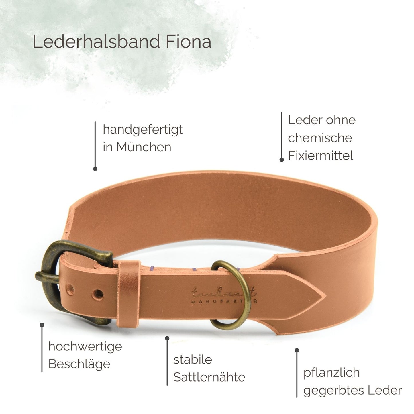 Breites Lederhalsband Fiona für Hunde in Cognac mit Sattlernaht Highlights
