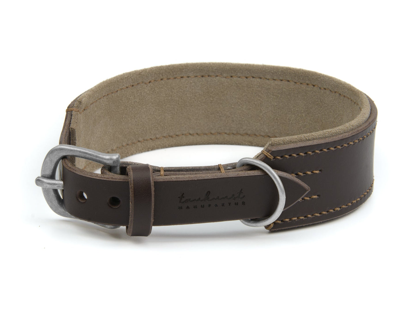 Breites Lederhalsband Wilma für Hunde in Dunkelbraun mit Sattlernaht Beige Silber