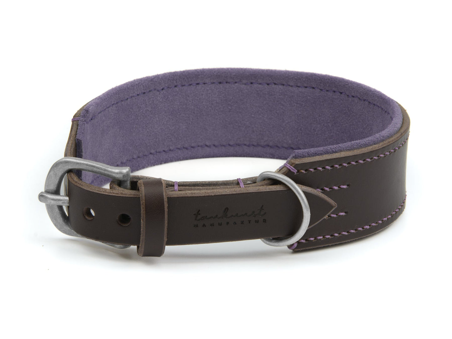 Breites Lederhalsband Wilma für Hunde in Dunkelbraun mit Sattlernaht Lavendel Silber