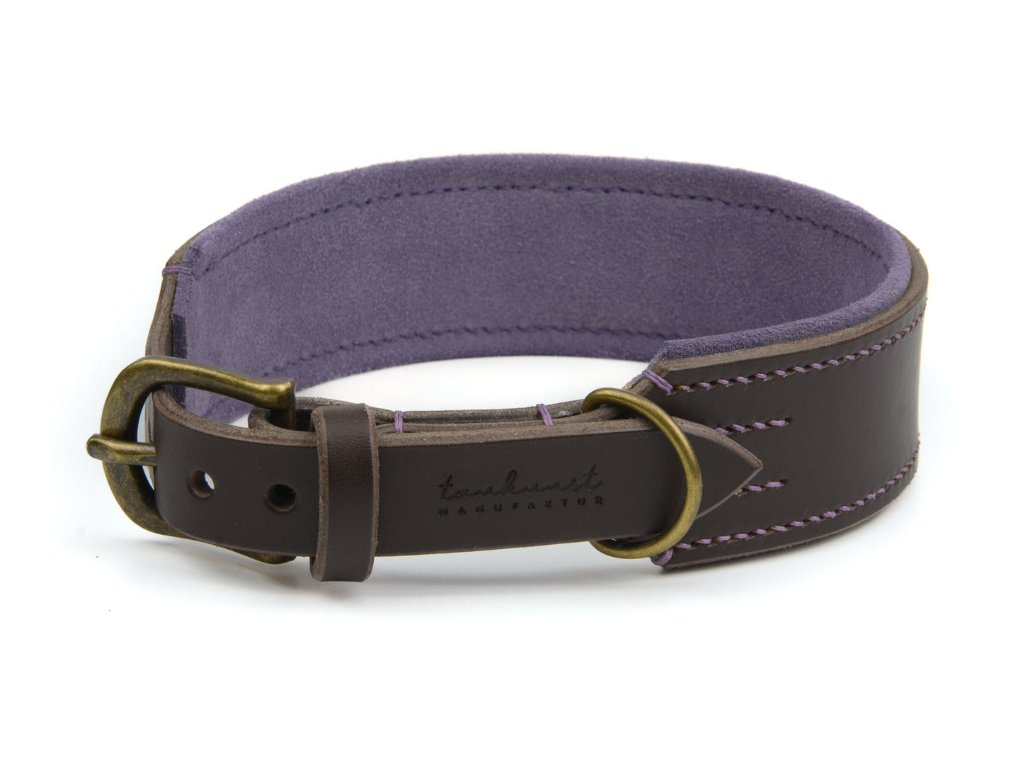 Breites Lederhalsband Wilma für Hunde in Dunkelbraun mit Sattlernaht Lavendel Vintage