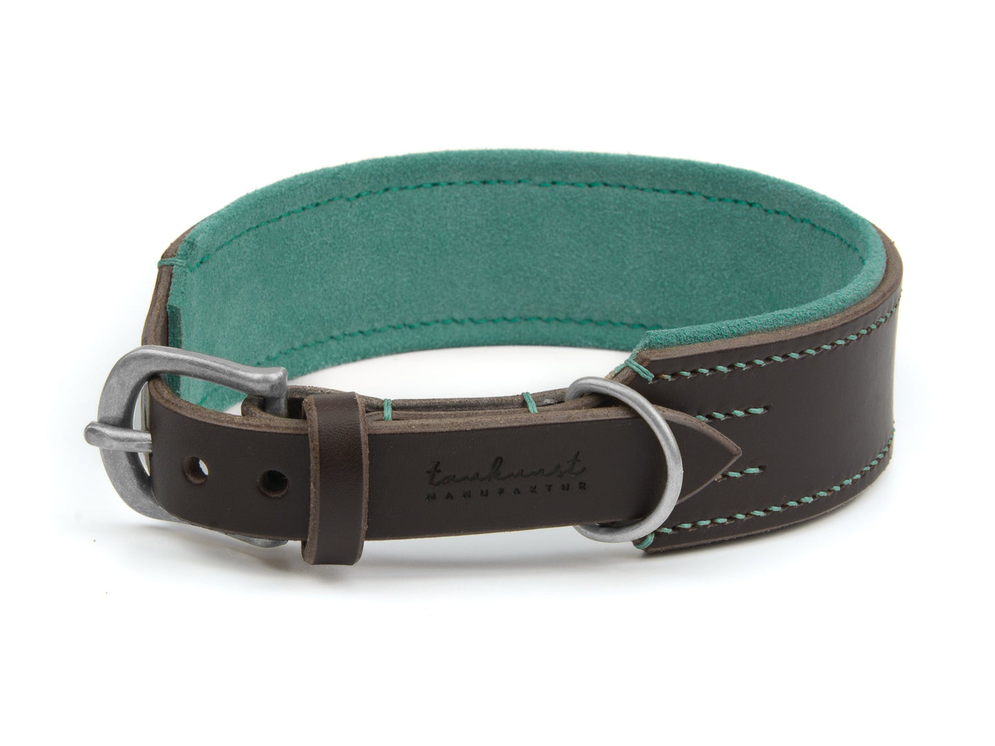 Breites Lederhalsband Wilma für Hunde in Dunkelbraun mit Sattlernaht Mint Silber