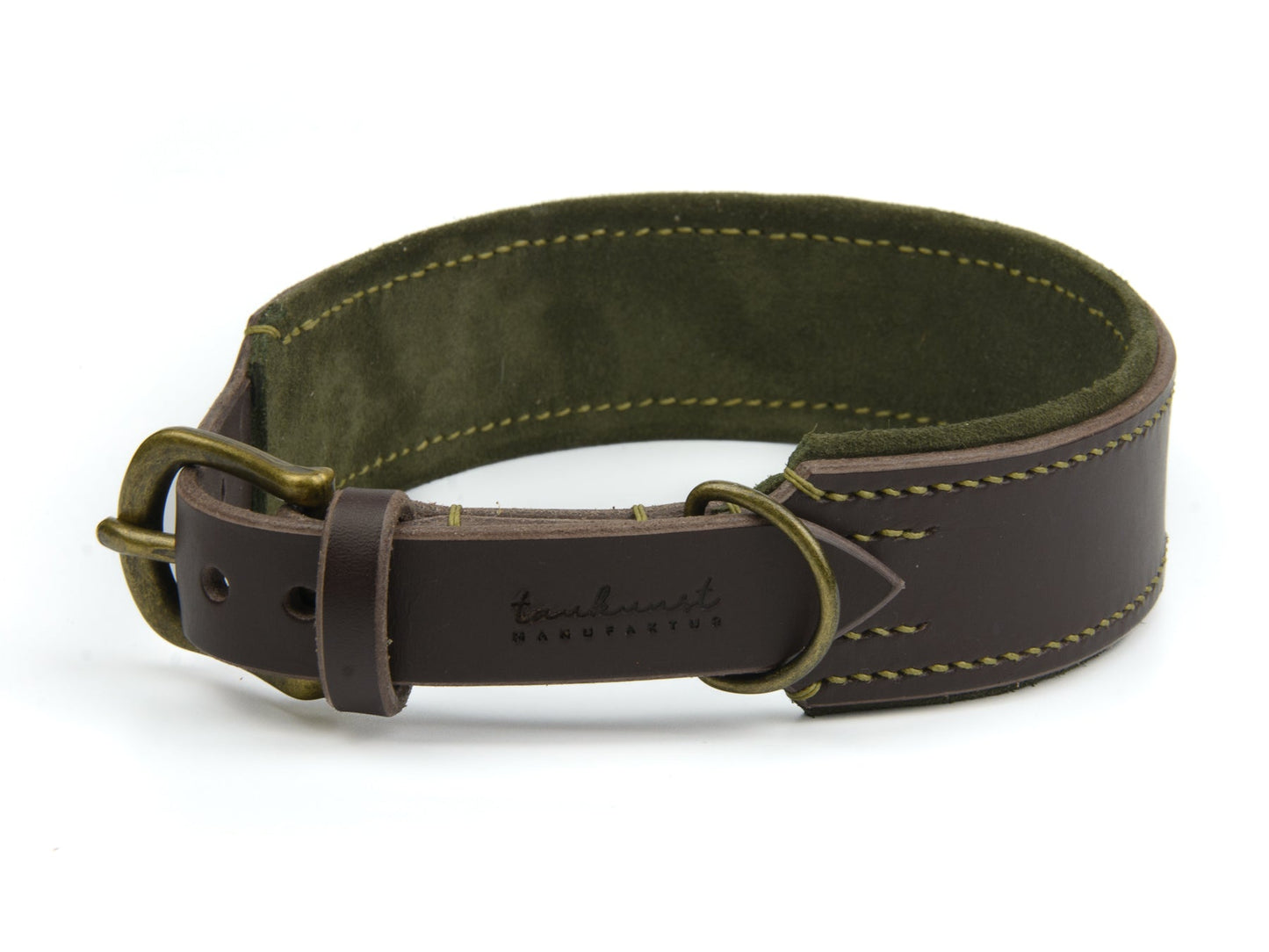 Breites Lederhalsband Wilma für Hunde in Dunkelbraun mit Sattlernaht Oliv Vintage