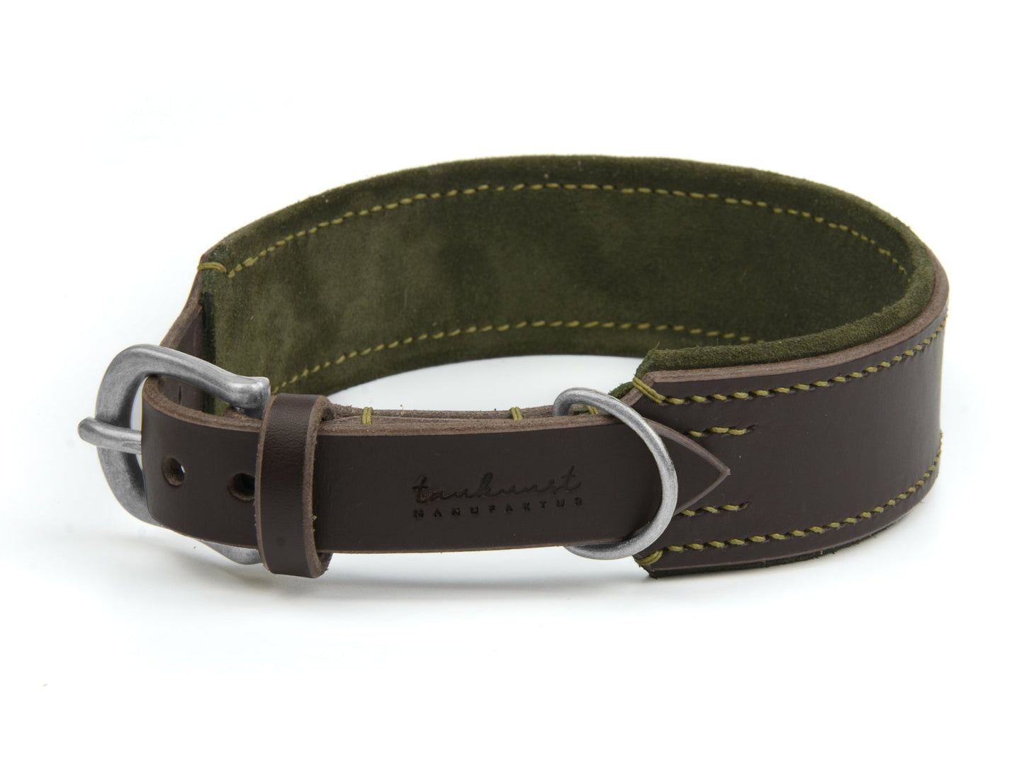 Breites Lederhalsband Wilma für Hunde in Dunkelbraun mit Sattlernaht Oliv Silber