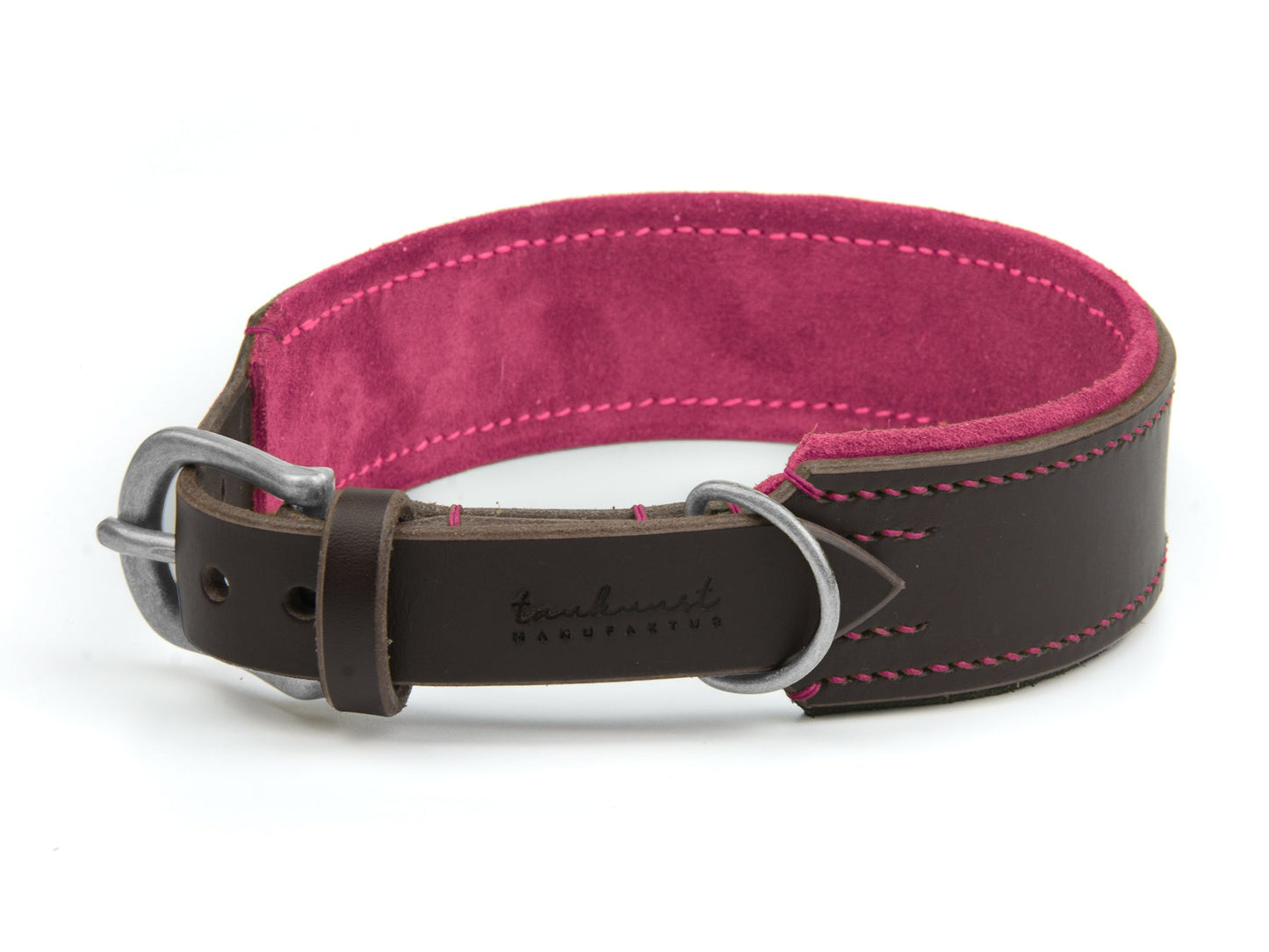 Breites Lederhalsband Wilma für Hunde in Dunkelbraun mit Sattlernaht Pink Silber
