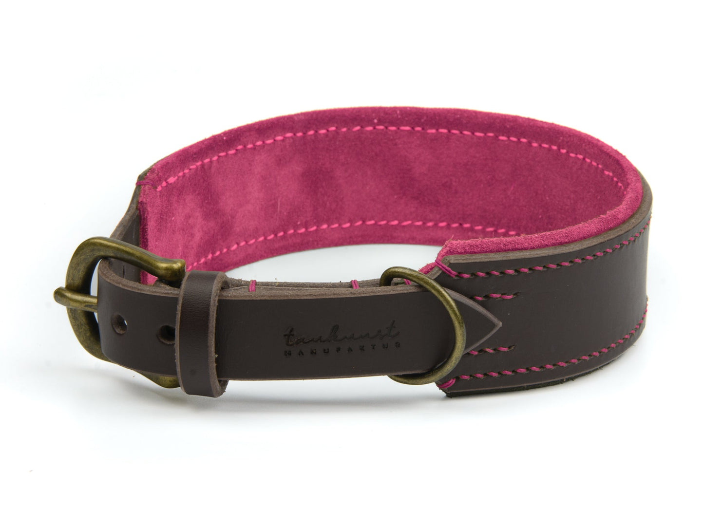 Breites Lederhalsband Wilma für Hunde in Dunkelbraun mit Sattlernaht Pink Vintage