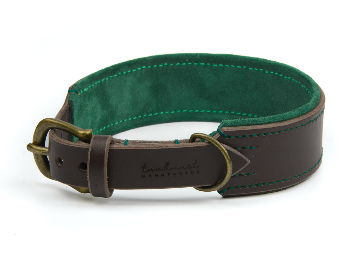 Breites Lederhalsband Wilma für Hunde in Dunkelbraun mit Sattlernaht Waldgrün Vintage