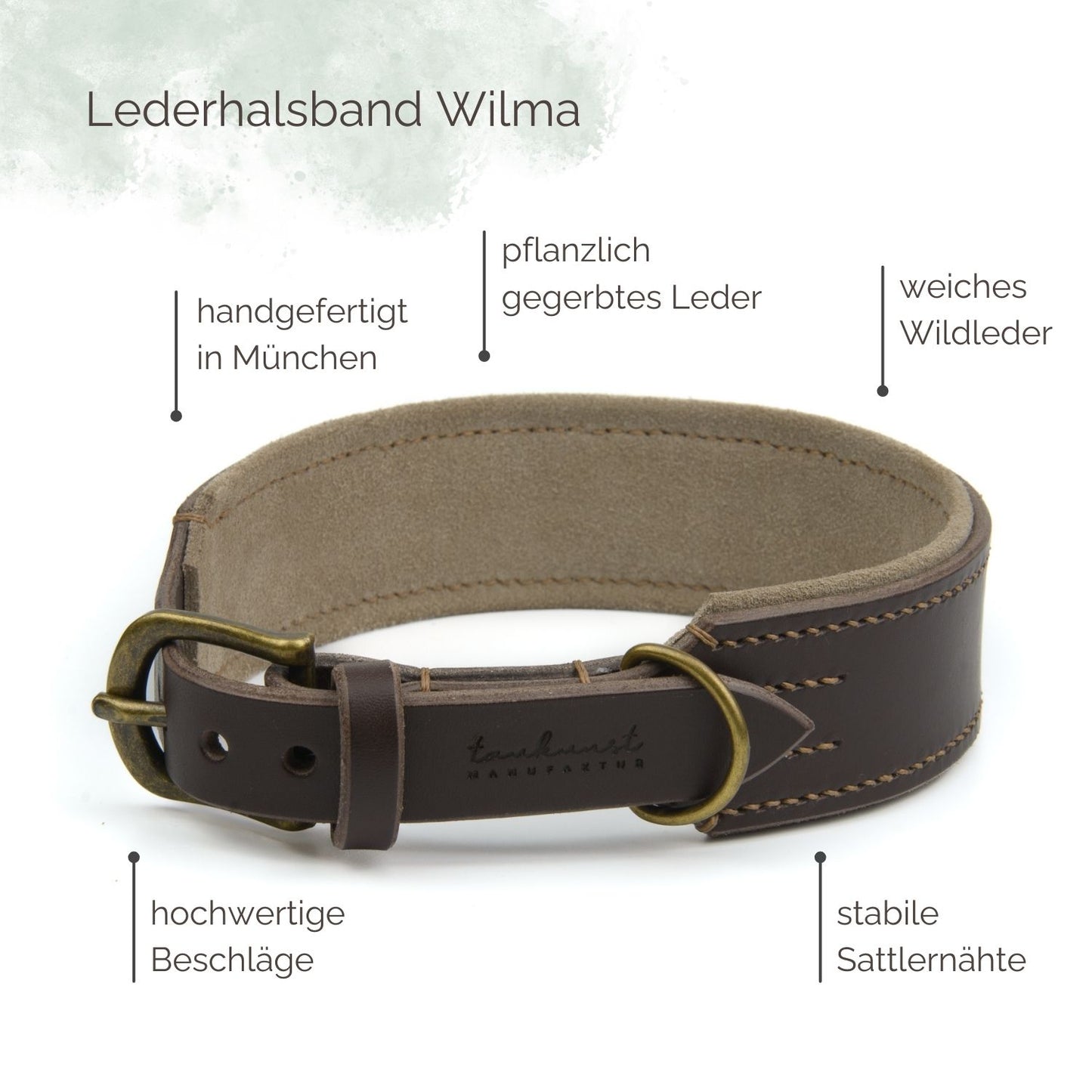 Breites Lederhalsband Wilma für Hunde in Dunkelbraun mit Sattlernaht Vintage Highlights