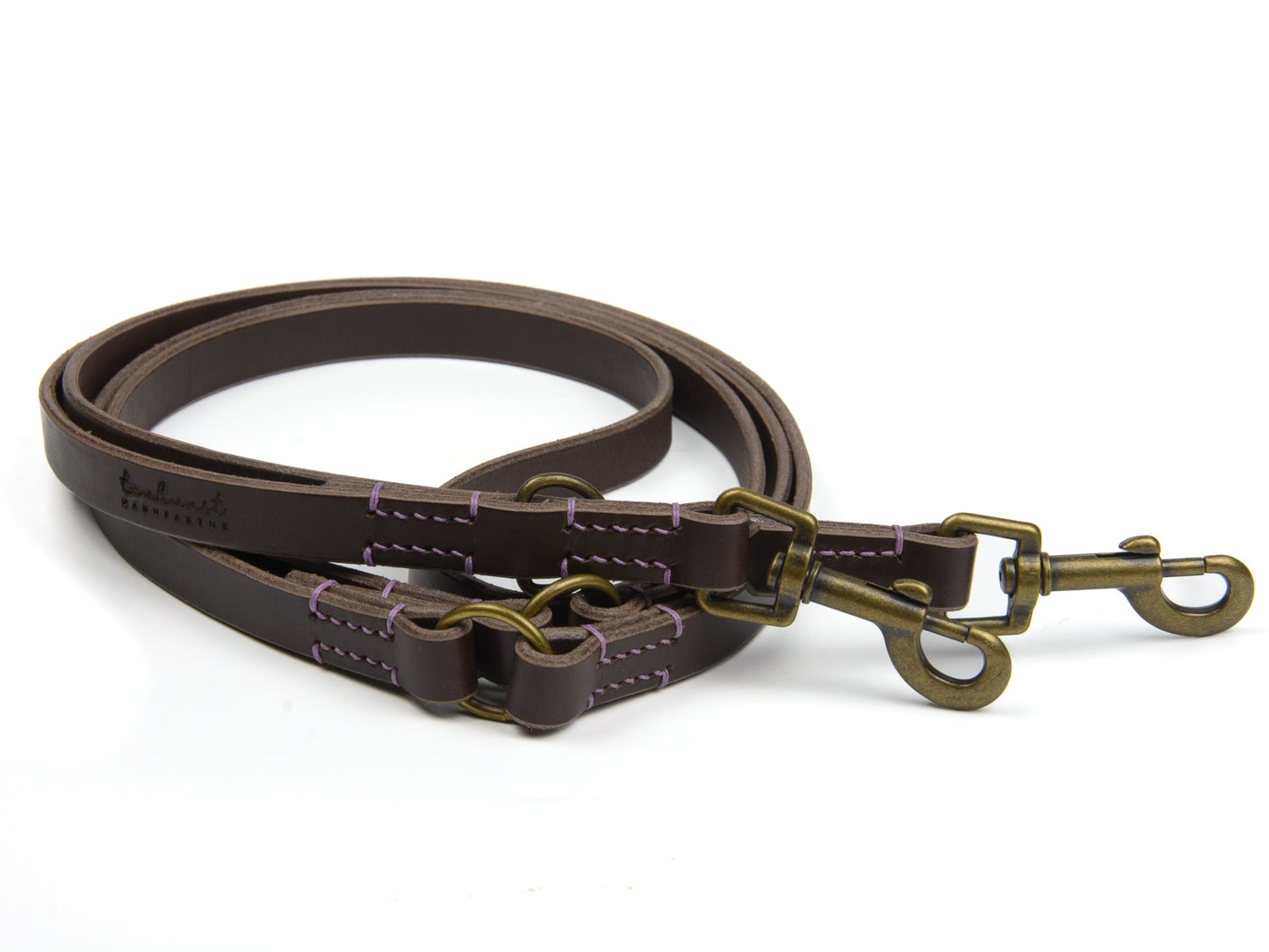 Lederleine Wilma für Hunde Dunkelbraun mit Sattlernaht in Lavendel Vintage