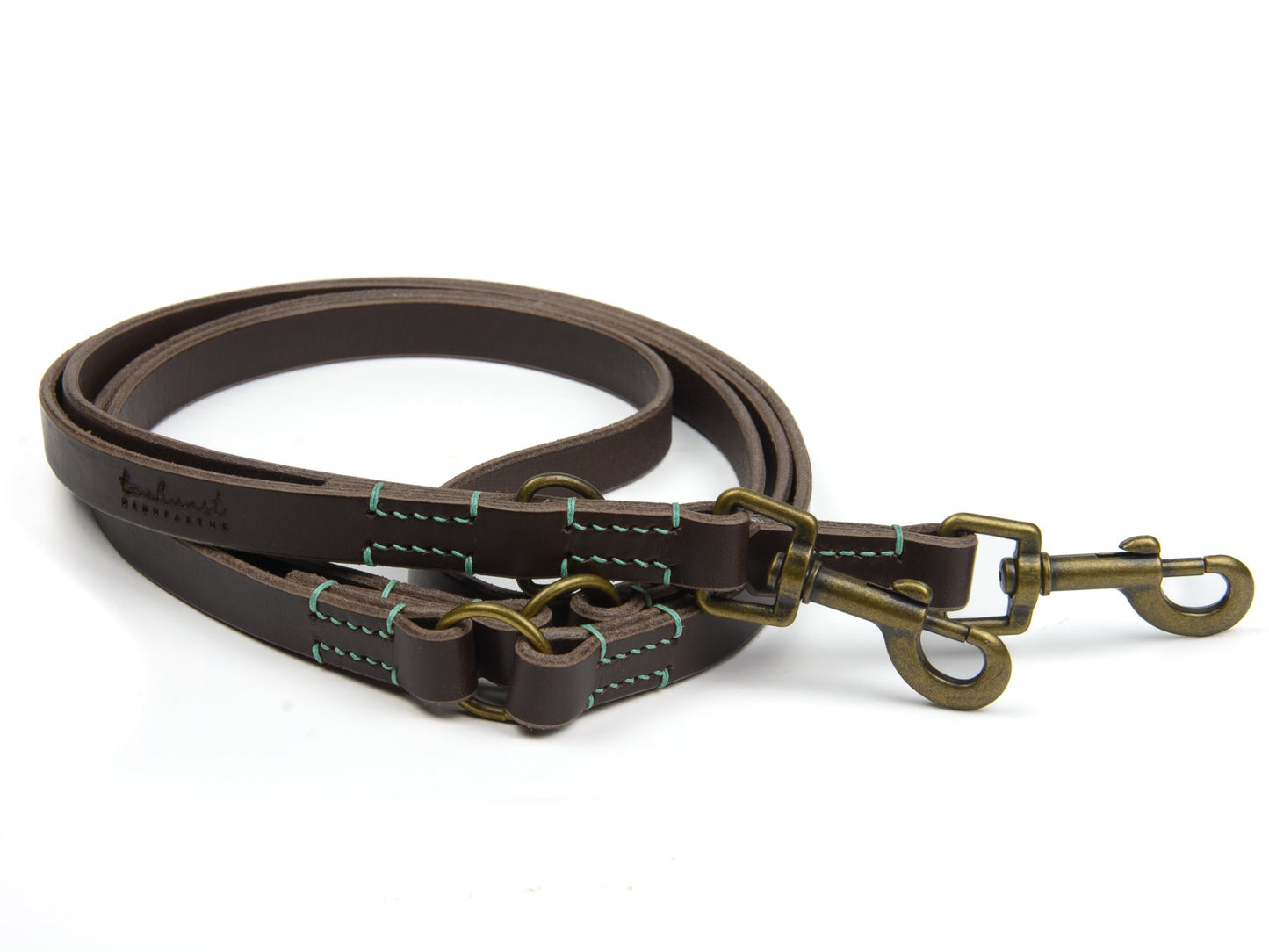 Lederleine Wilma für Hunde Dunkelbraun mit Sattlernaht in Mint Vintage