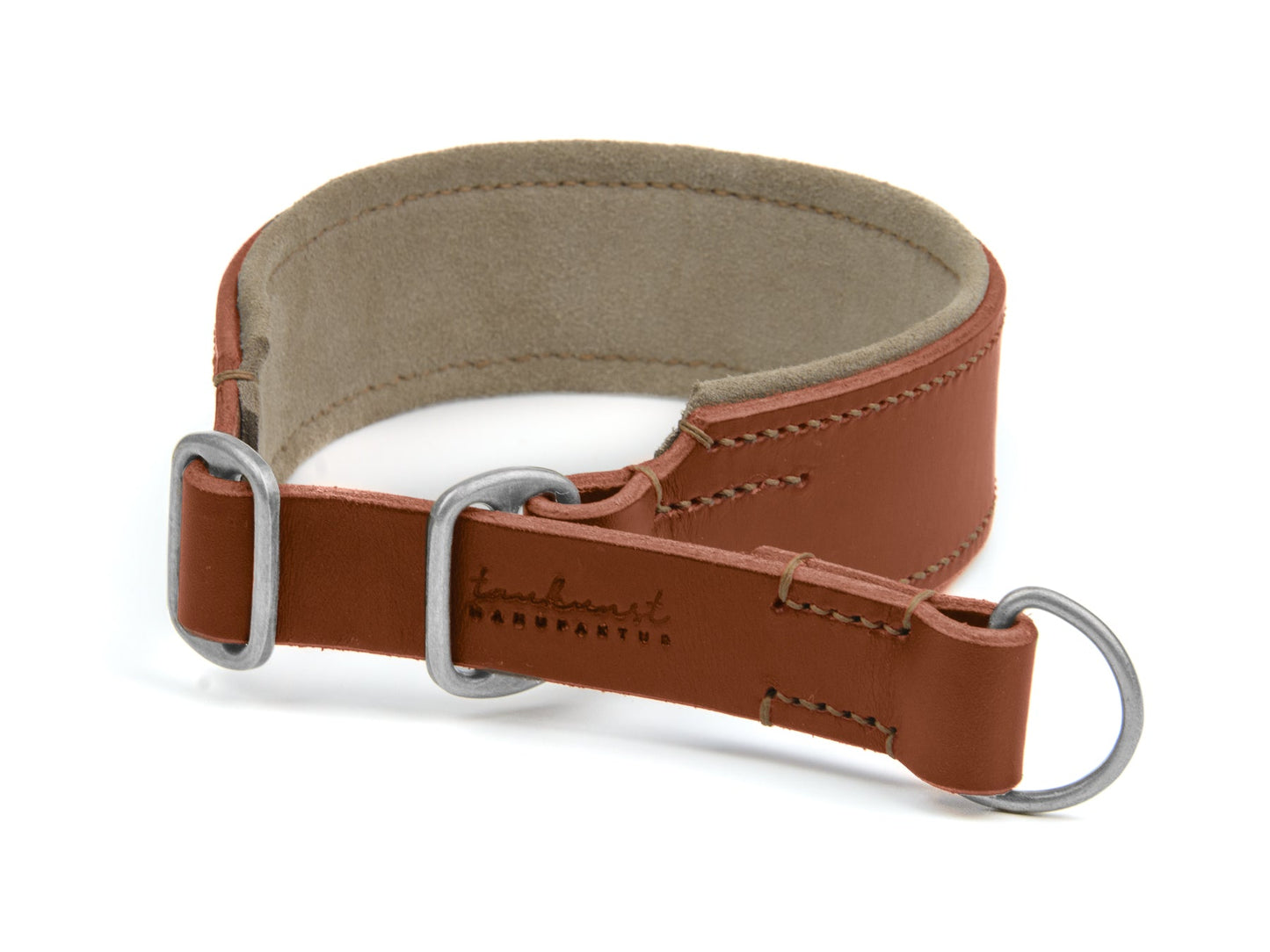 Breites Zugstopp Lederhalsband Bella für Hunde in braun mit Sattlernaht gepolstert Beige Silber