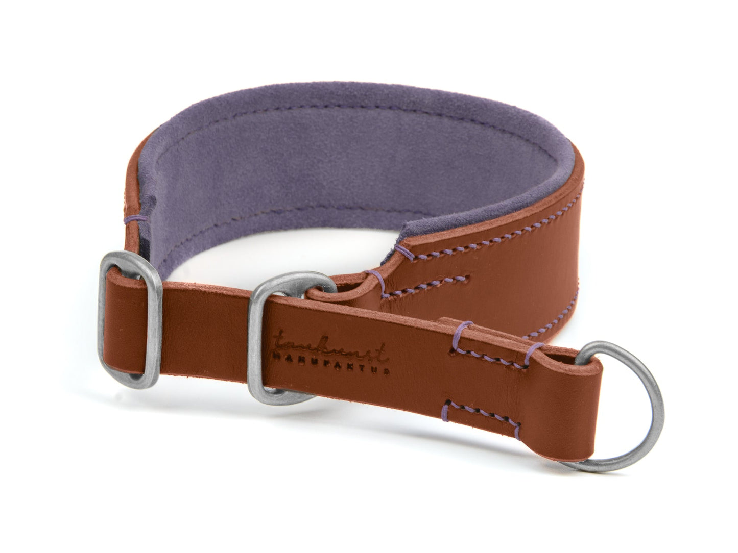 Breites Zugstopp Lederhalsband Bella für Hunde in braun mit Sattlernaht gepolstert Lavendel Silber