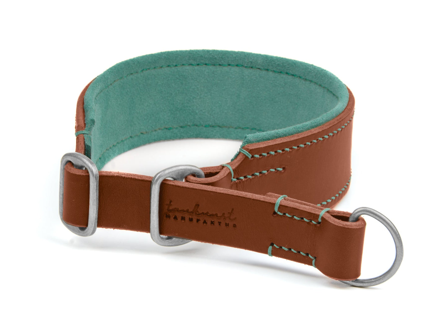 Breites Zugstopp Lederhalsband Bella für Hunde in braun mit Sattlernaht gepolstert Mint Silber