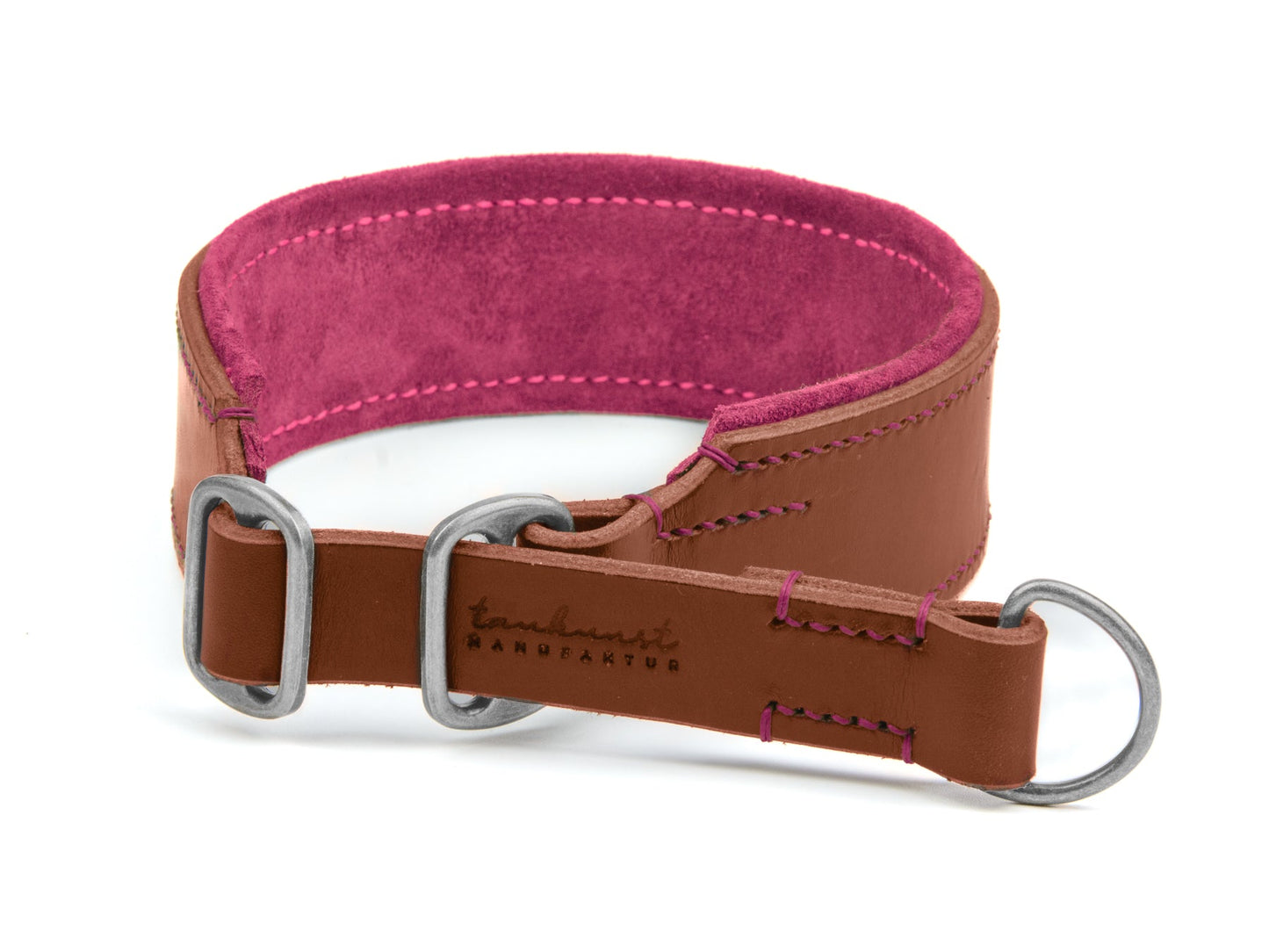 Breites Zugstopp Lederhalsband Bella für Hunde in braun mit Sattlernaht gepolstert Pink Silber