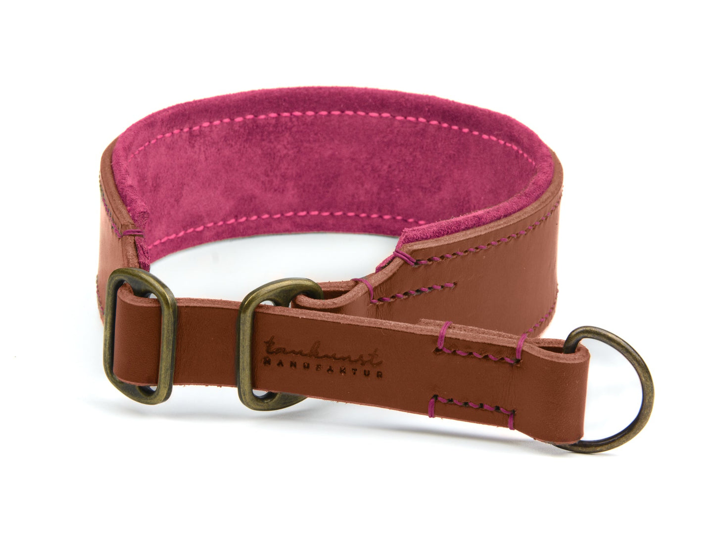 Breites Zugstopp Lederhalsband Bella für Hunde in braun mit Sattlernaht gepolstert Pink Vintage