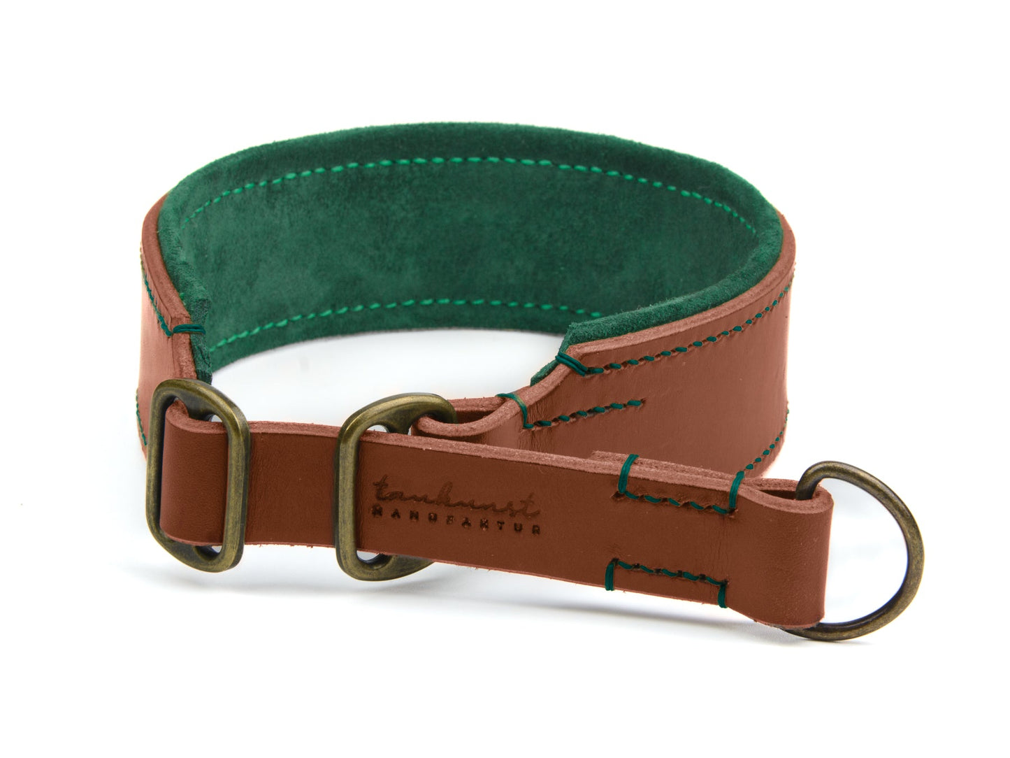 Breites Zugstopp Lederhalsband Bella für Hunde in braun mit Sattlernaht gepolstert Waldgrün Vintage