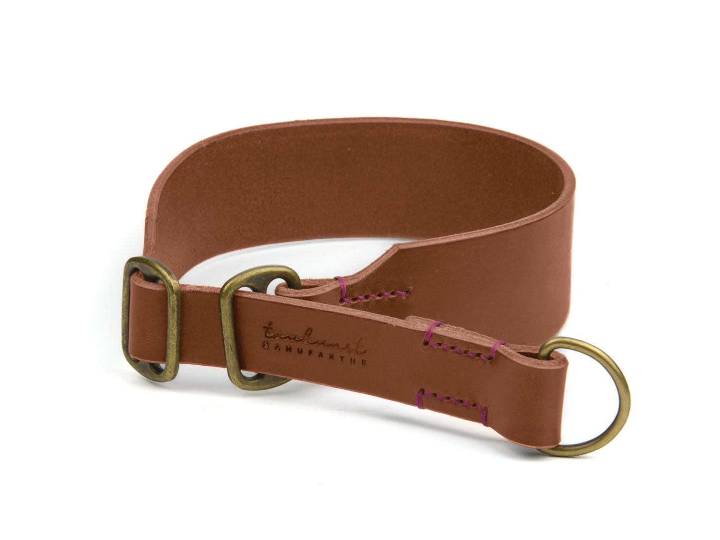 Breites Zugstopp Lederhalsband Bella für Hunde in Braun mit Sattlernaht Pink Vintage