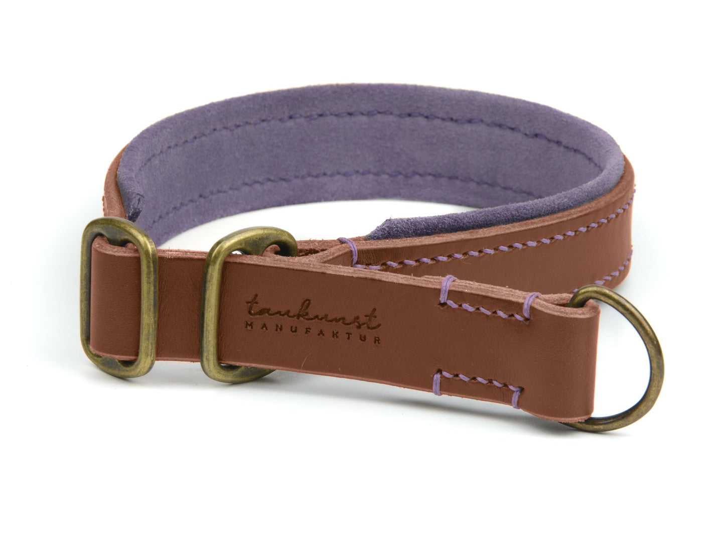 Zugstopp Lederhalsband Bella für Hunde in Braun mit Sattlernaht Lavendel Vintage