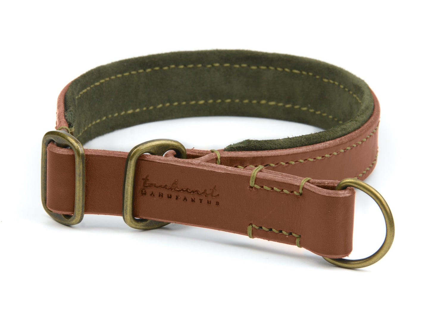 Zugstopp Lederhalsband Bella für Hunde in Braun mit Sattlernaht Oliv Vintage