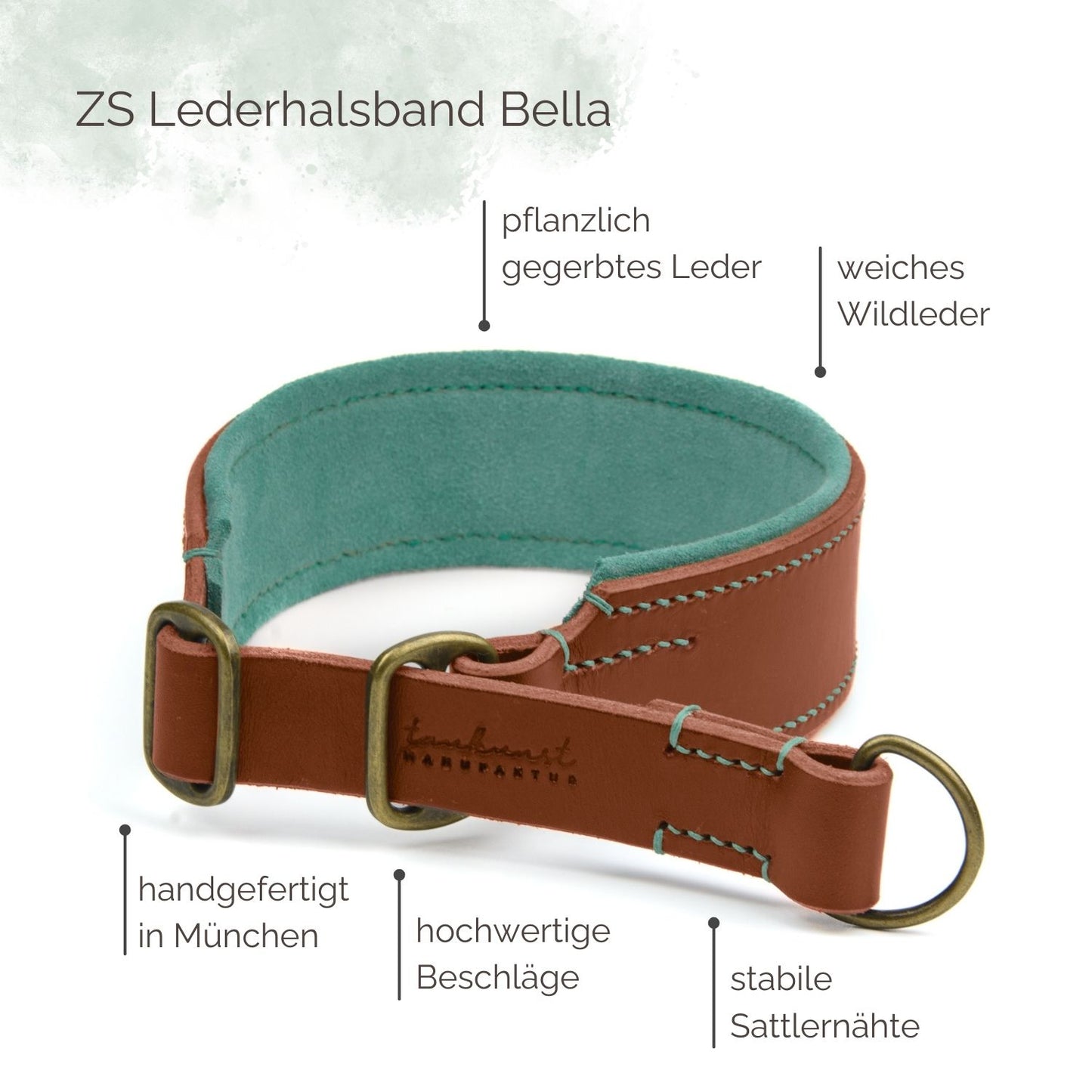 Breites Zugstopp Lederhalsband Bella für Hunde in braun mit Sattlernaht gepolstert Highlights