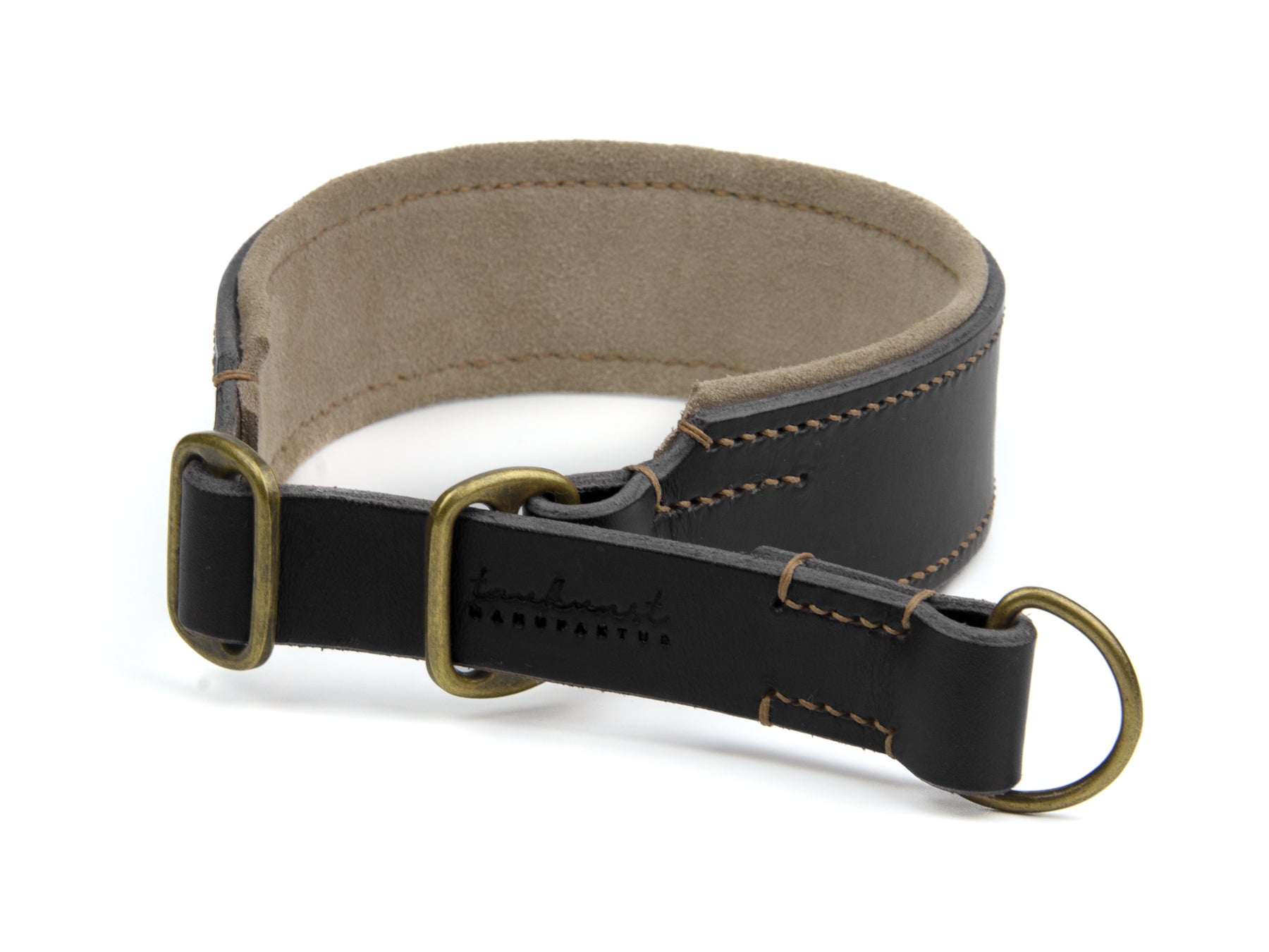 Breites Zugstopp Lederhalsband Carla für Hunde in schwarz mit Sattlernaht gepolstert Beige Vintage