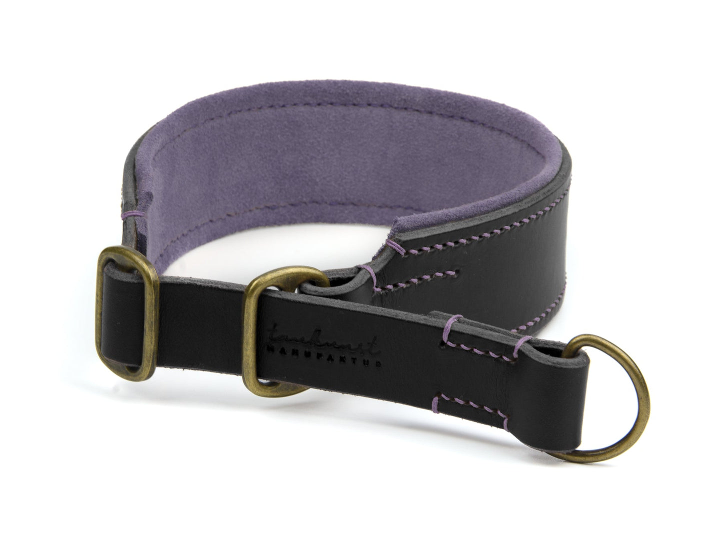 Breites Zugstopp Lederhalsband Carla für Hunde in schwarz mit Sattlernaht gepolstert Lavendel Vintage
