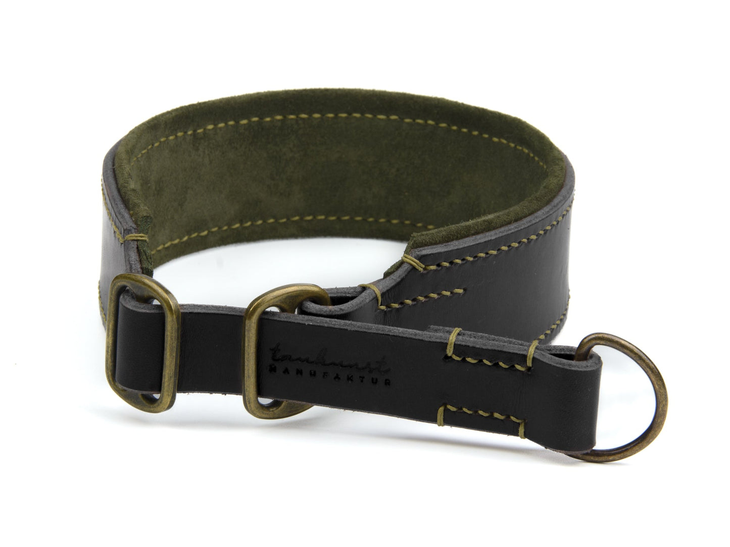 Breites Zugstopp Lederhalsband Carla für Hunde in schwarz mit Sattlernaht gepolstert Oliv Vintage