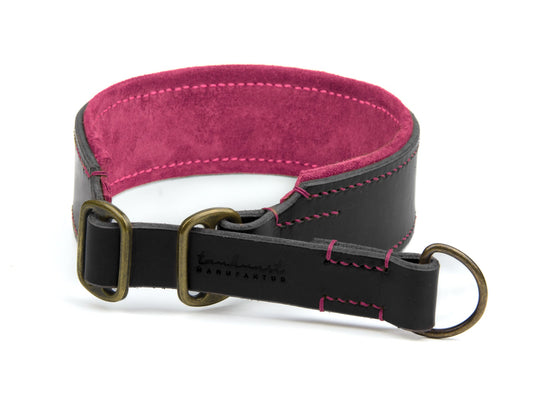 Breites Zugstopp Lederhalsband Carla für Hunde in schwarz mit Sattlernaht gepolstert Pink Vintage