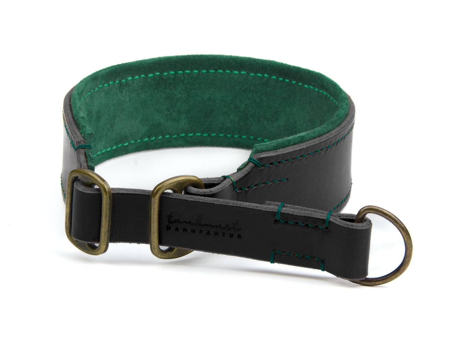 Breites Zugstopp Lederhalsband Carla für Hunde in schwarz mit Sattlernaht gepolstert Waldgrün Vintage