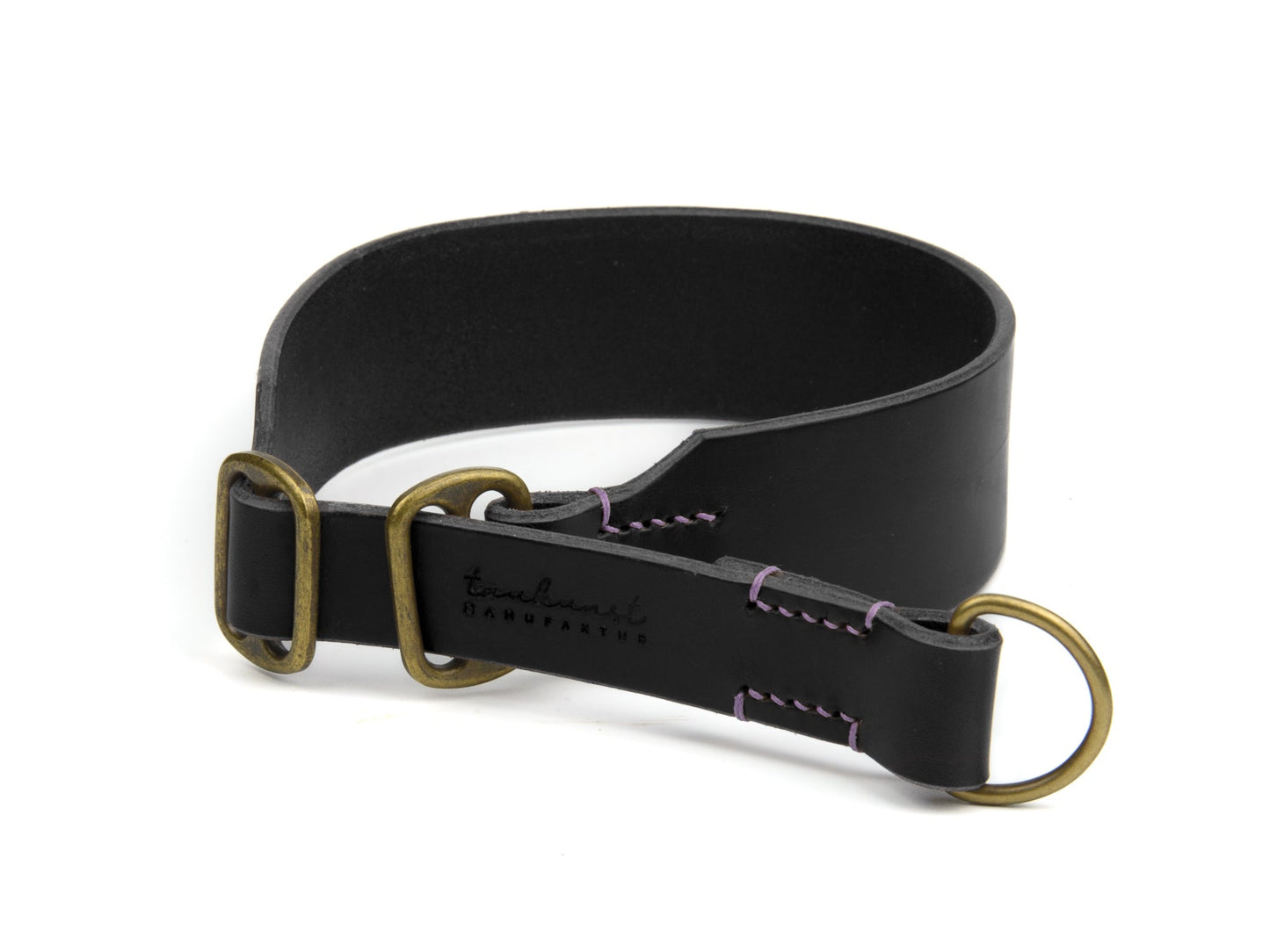 Breites Zugstopp Lederhalsband Carla für Hunde in Schwarz mit Sattlernaht Lavendel Vintage