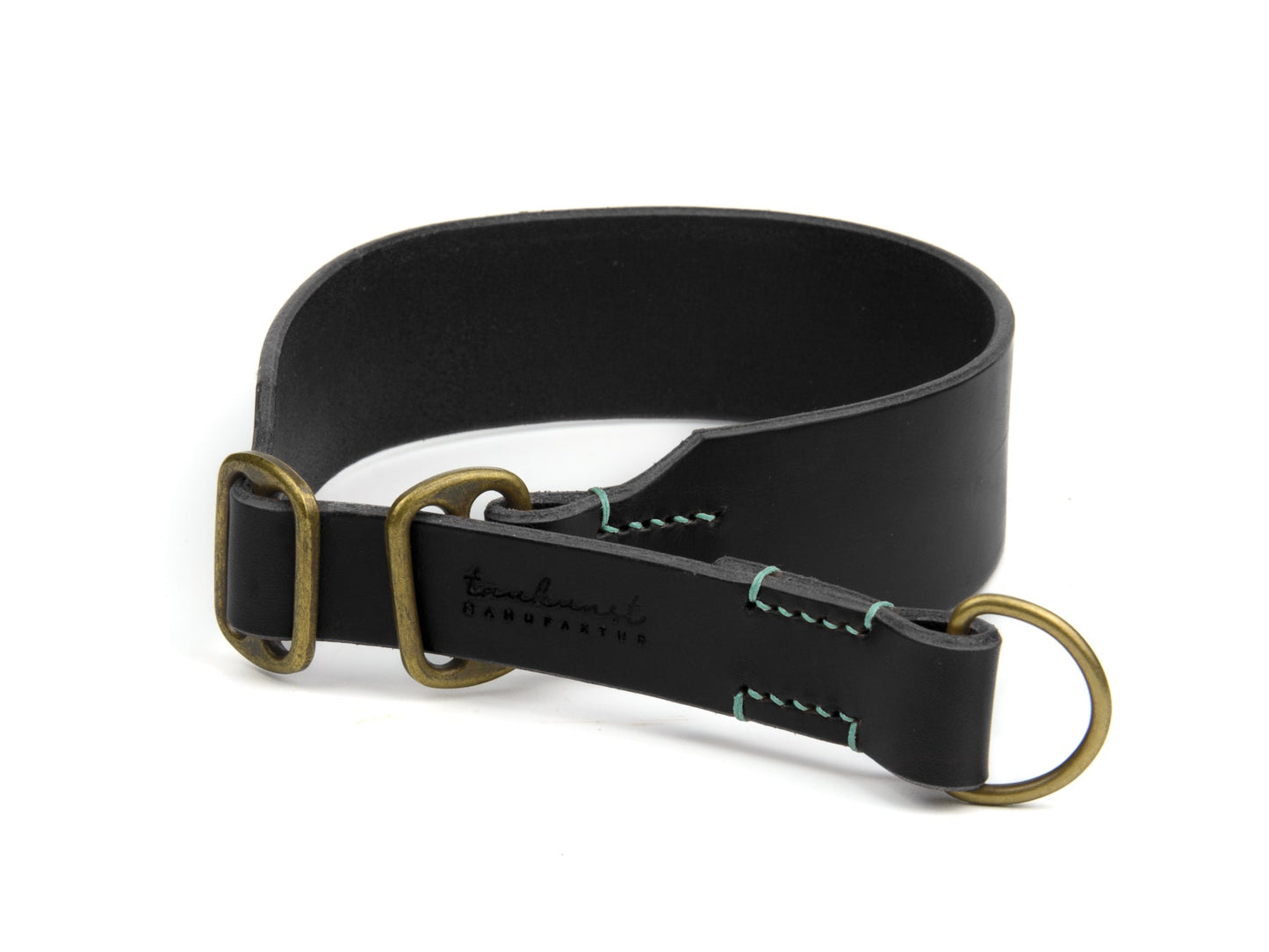 Breites Zugstopp Lederhalsband Carla für Hunde in Schwarz mit Sattlernaht Mint Vintage