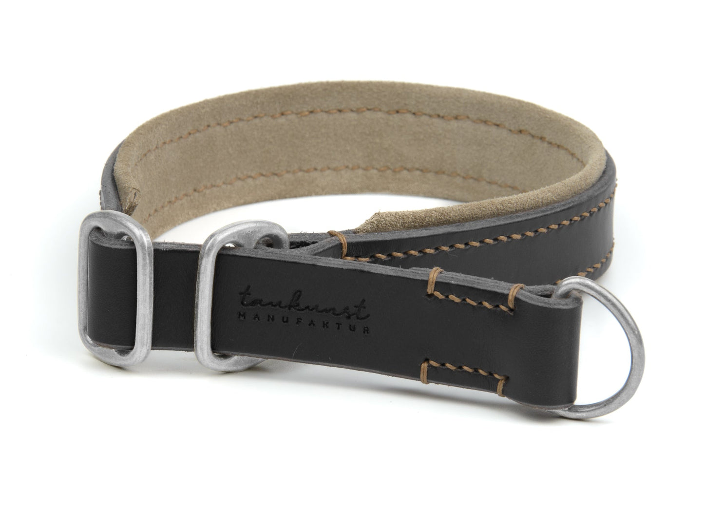 Zugstopp Lederhalsband Carla für Hunde in Dunkelbraun mit Sattlernaht Beige Silber