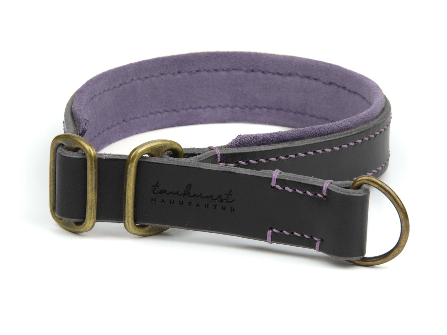 Zugstopp Lederhalsband Carla für Hunde in Dunkelbraun mit Sattlernaht Lavendel Vintage