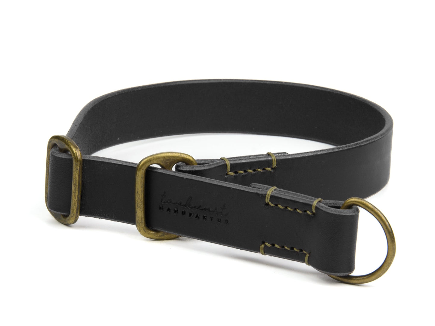 Zugstopp Lederhalsband Carla für Hunde in Schwarz mit Sattlernaht in Oliv Vintage