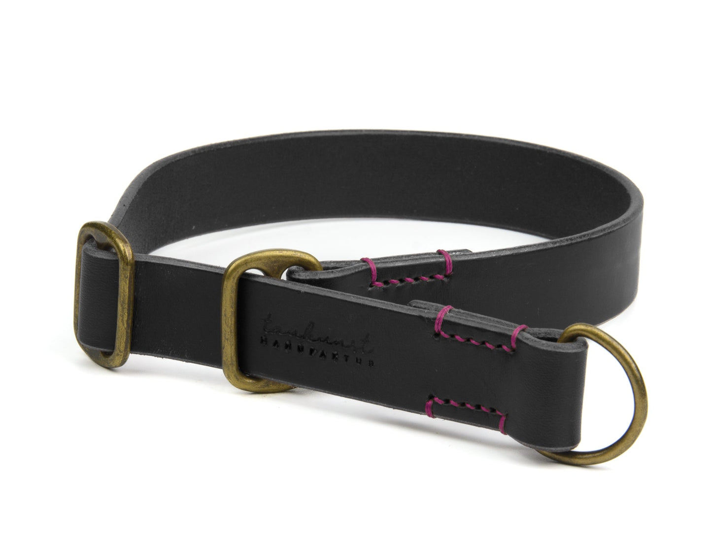 Zugstopp Lederhalsband Carla für Hunde in Schwarz mit Sattlernaht in Pink Vintage