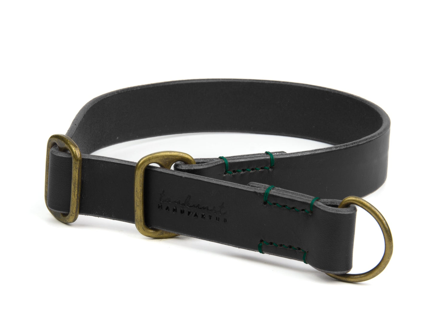 Zugstopp Lederhalsband Carla für Hunde in Schwarz mit Sattlernaht in Waldgrün Vintage