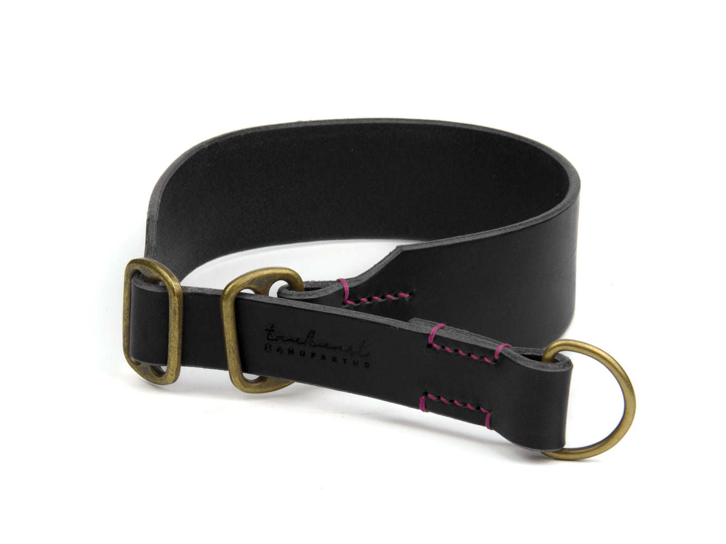 Breites Zugstopp Lederhalsband Carla für Hunde in Schwarz mit Sattlernaht Pink Vintage