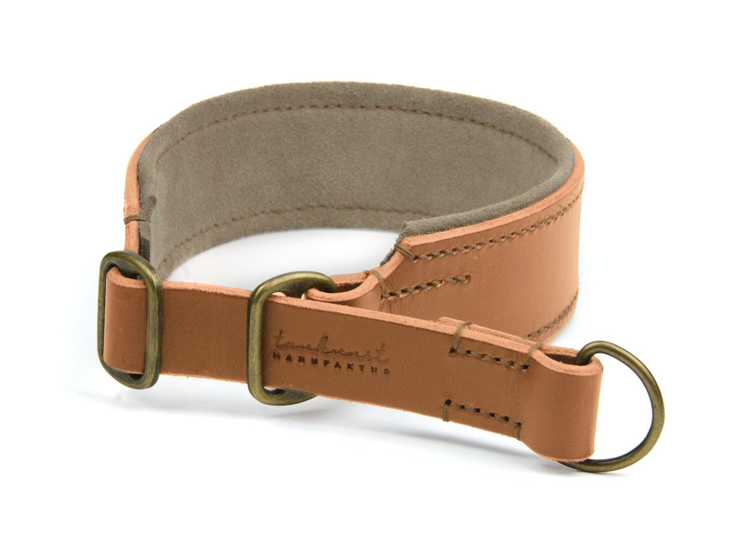 Breites Zugstopp Lederhalsband Fiona für Hunde in cognac mit Sattlernaht gepolstert Beige Vintage
