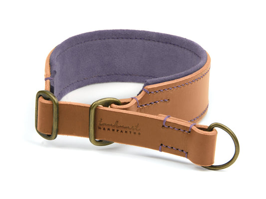 Breites Zugstopp Lederhalsband Fiona für Hunde in cognac mit Sattlernaht gepolstert Lavendel Vintage